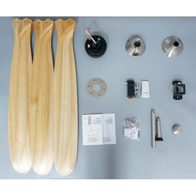 Ventilador de techo, Geronimo BK-SW, 223cm, DC, aspas madera clara/ cuerpo cromado, wifi, termostato, Klassfan.